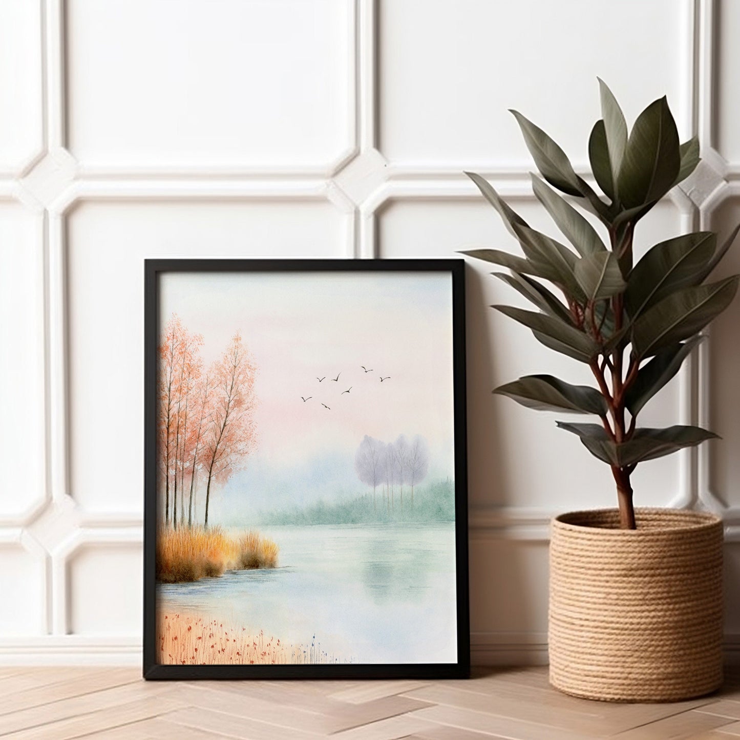 Golden Hour Fall | Autumn Lake Watercolor Art Print