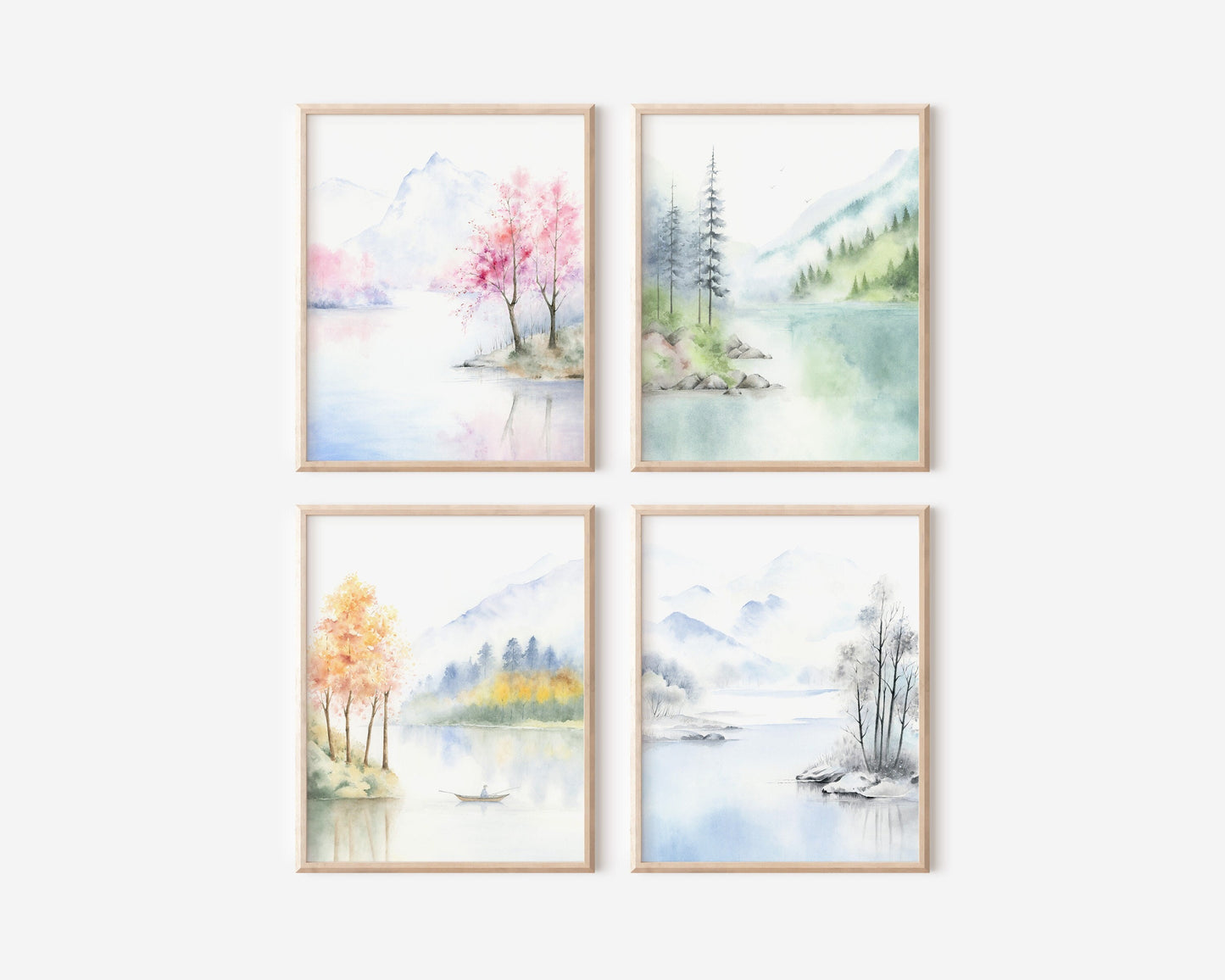 Set of 4 Lake Scene Prints | Four Seasons Landscape Watercolor Art Print