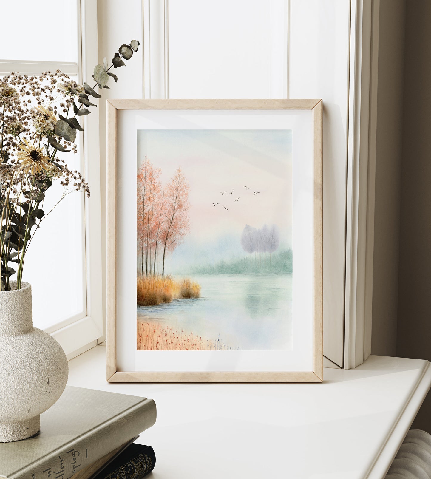 Golden Hour Fall | Autumn Lake Watercolor Art Print