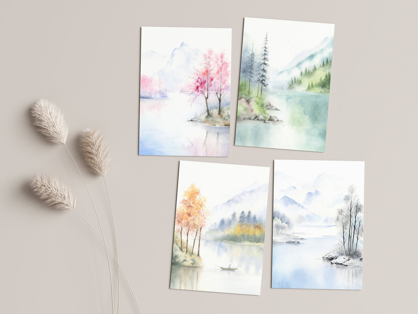 Set of 4 Lake Scene Prints | Four Seasons Landscape Watercolor Art Print
