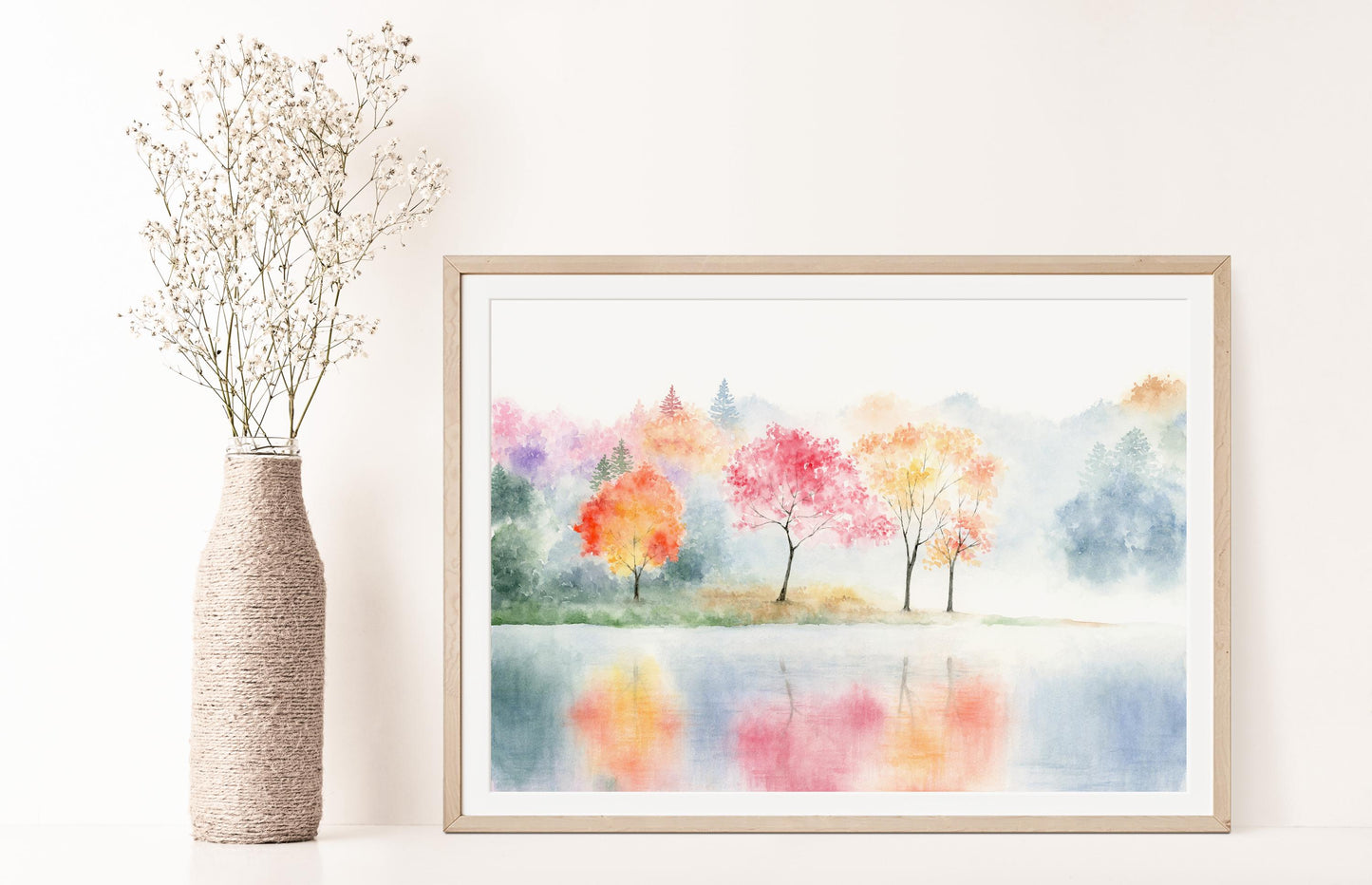 Colorful Radiance | Misty Lake Watercolor Print, Oriental Art