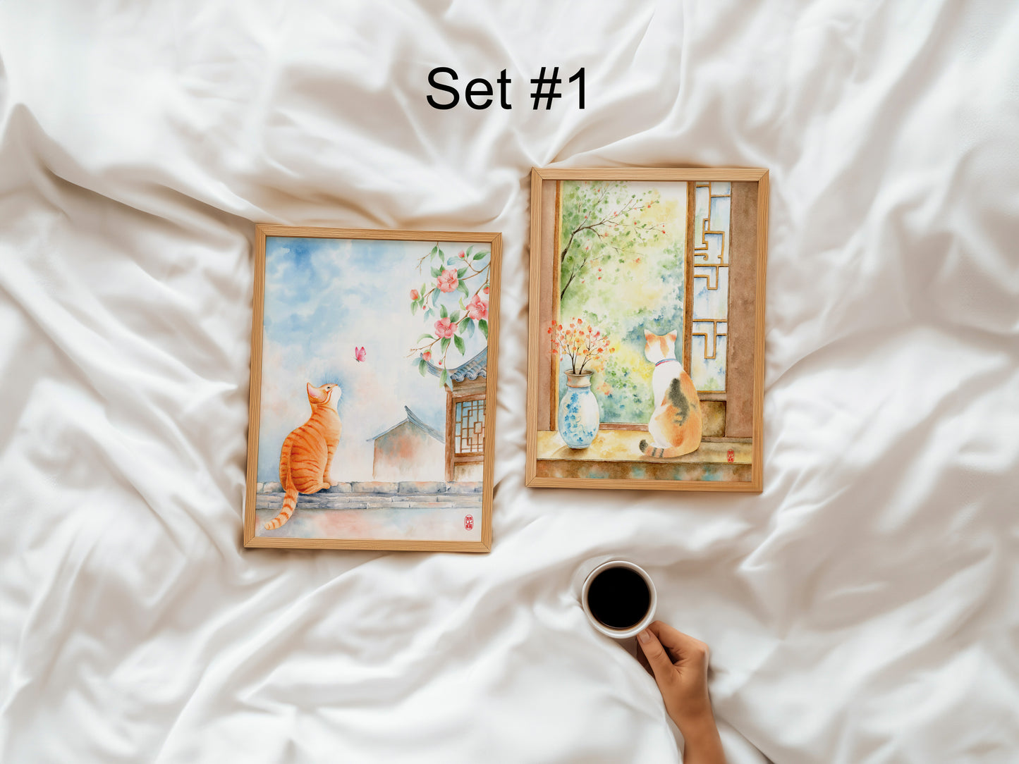Set of 2 Cute Cat Prints | Pick from 3 Oriental Cat Watercolor Art Prints