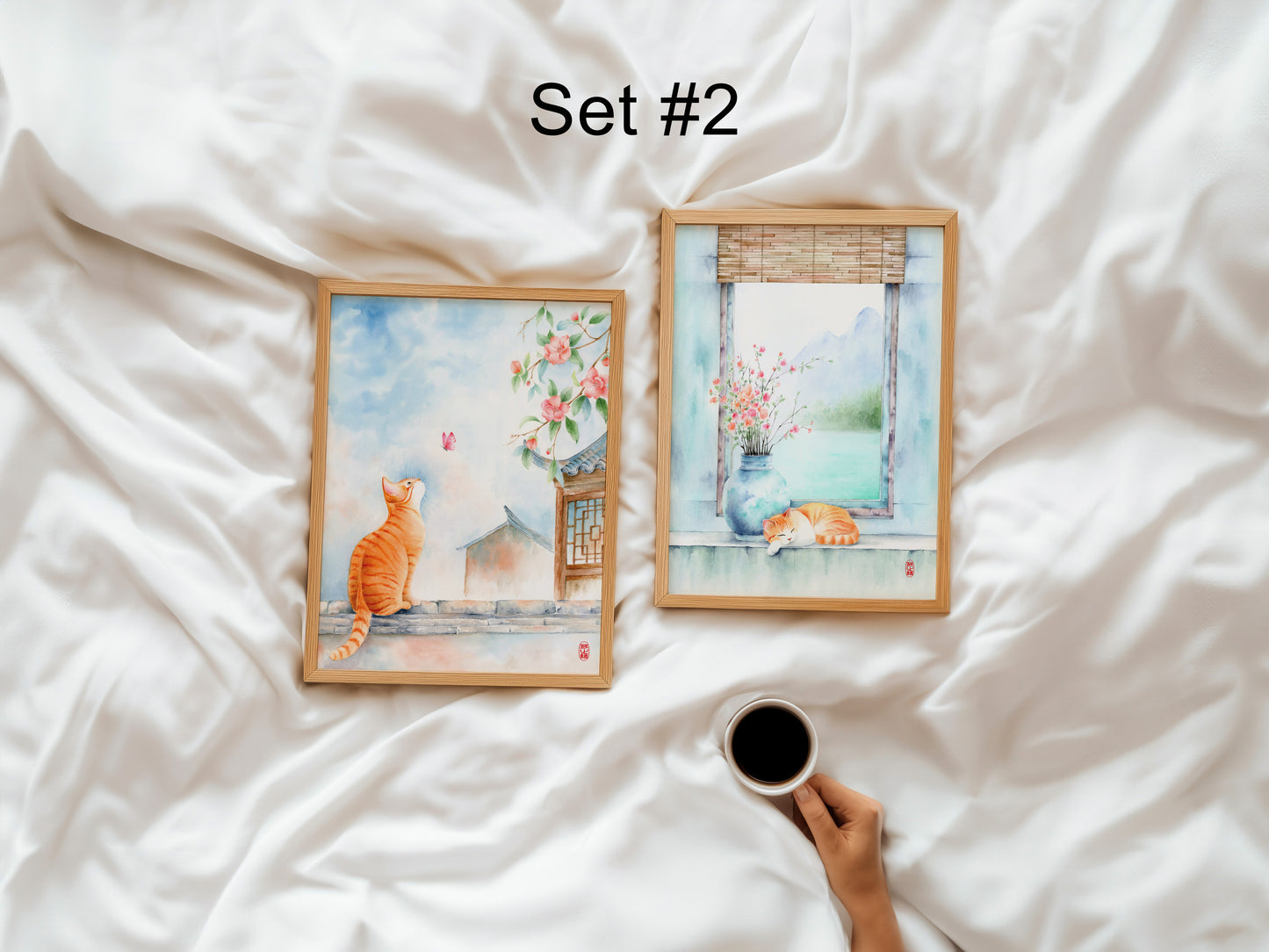 Set of 2 Cute Cat Prints | Pick from 3 Oriental Cat Watercolor Art Prints