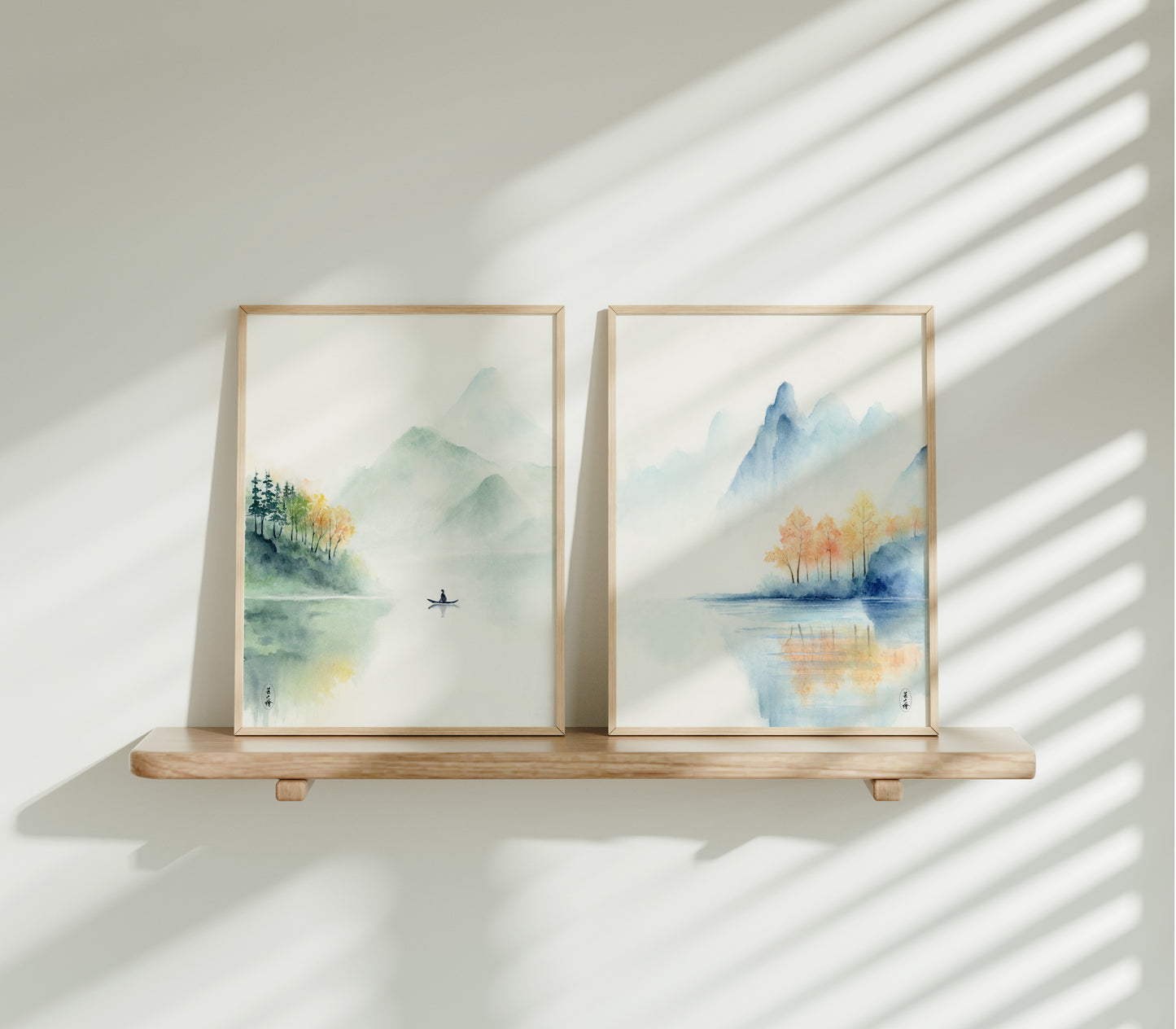 Graceful Voyage | Set of 2 Traditional Style Lake Watercolor Art Prints