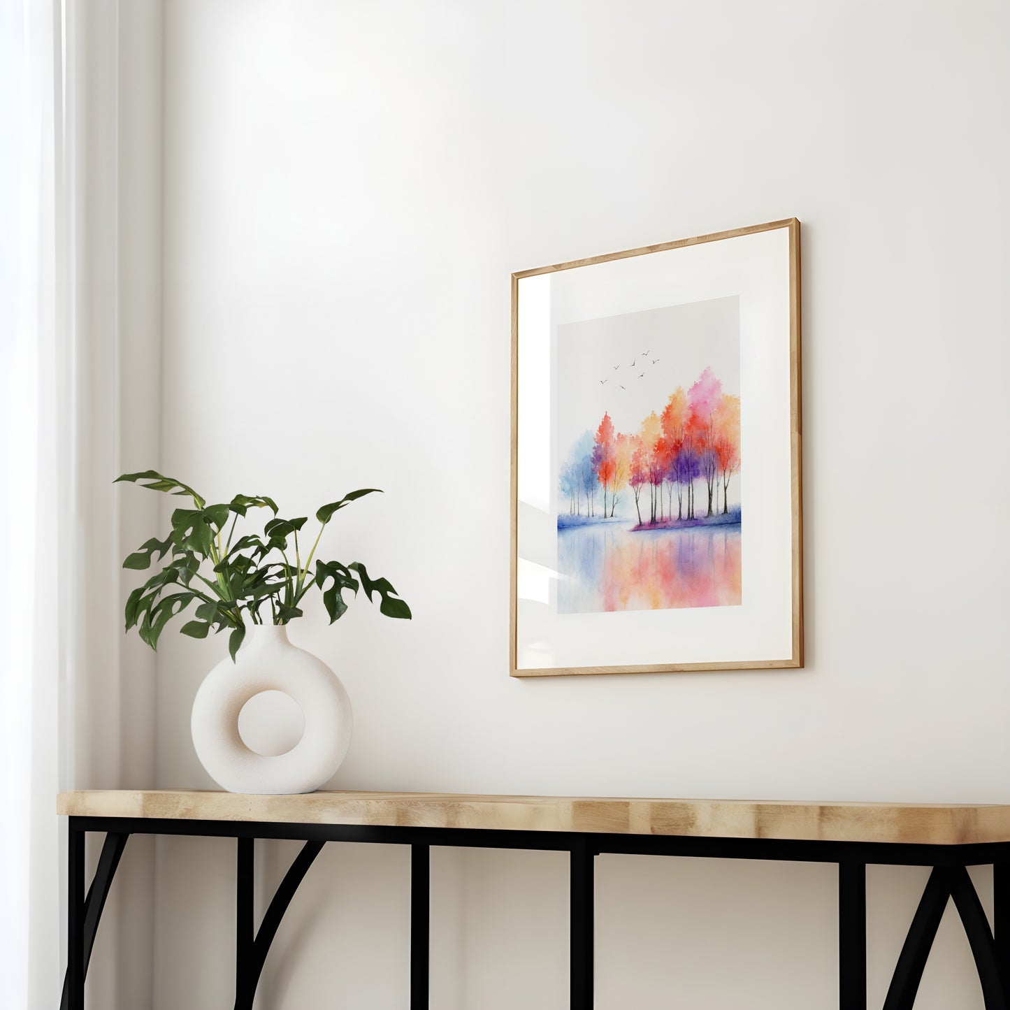 Vivid Lakeside | Autumn Tree Lake Watercolor Art Print