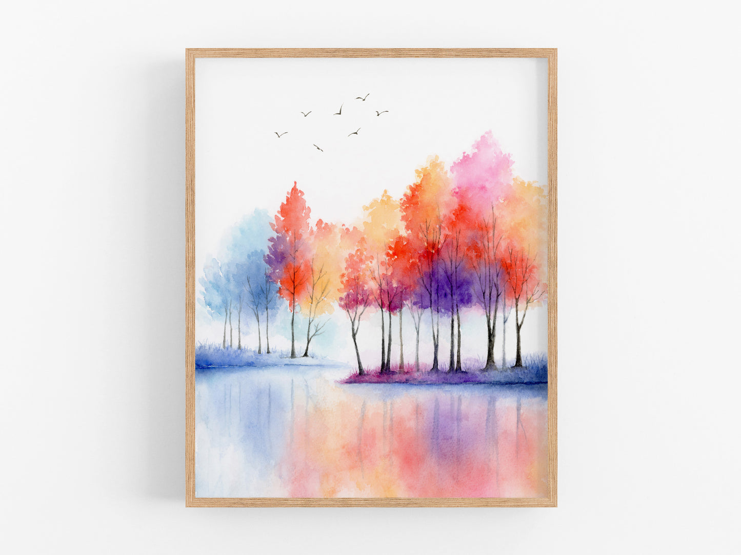 Vivid Lakeside | Autumn Tree Lake Watercolor Art Print