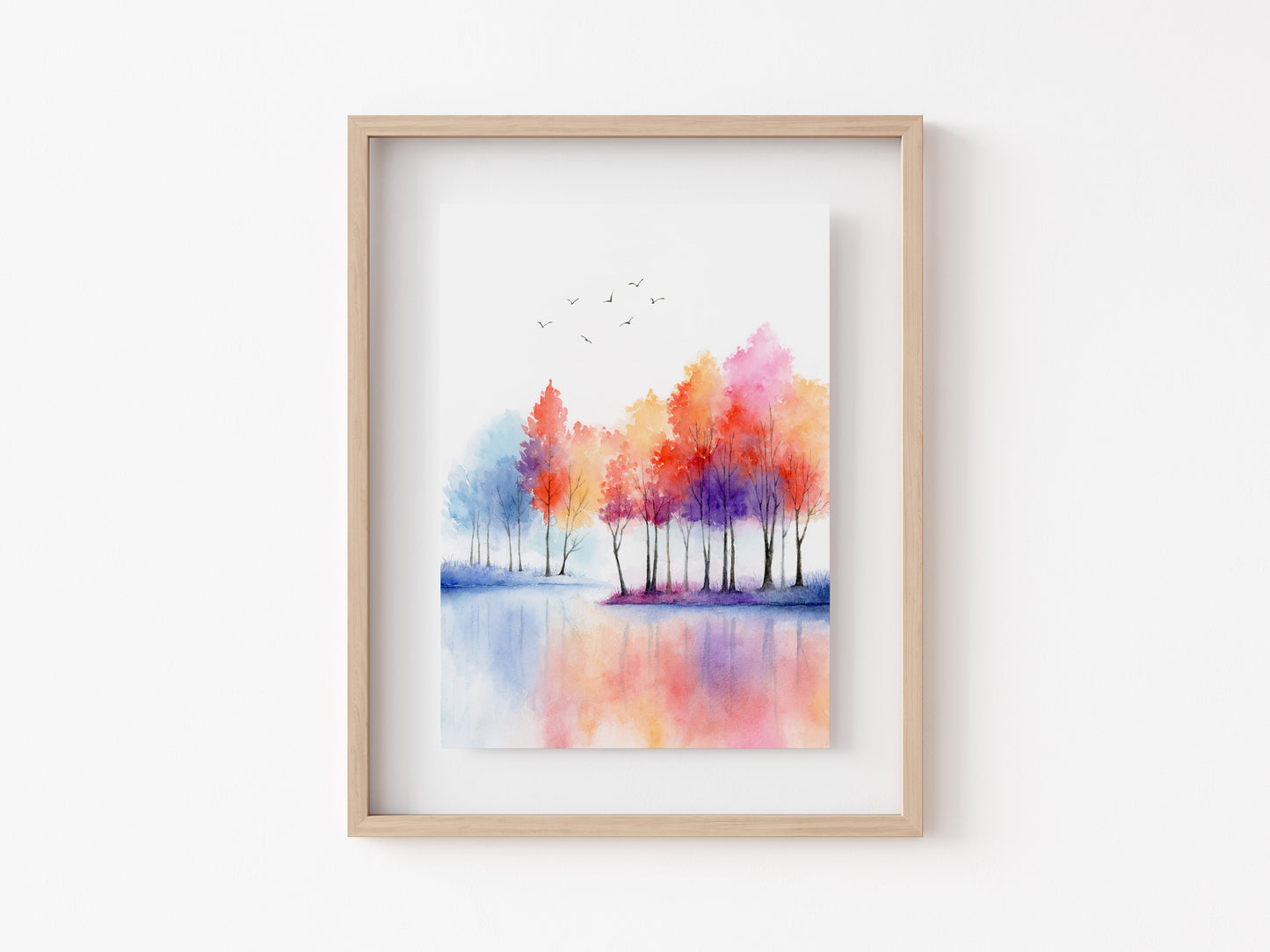 Vivid Lakeside | Autumn Tree Lake Watercolor Art Print