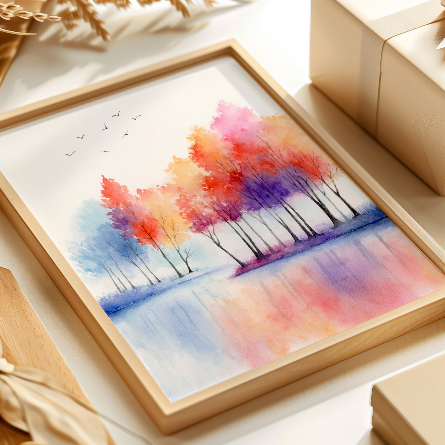 Vivid Lakeside | Autumn Tree Lake Watercolor Art Print
