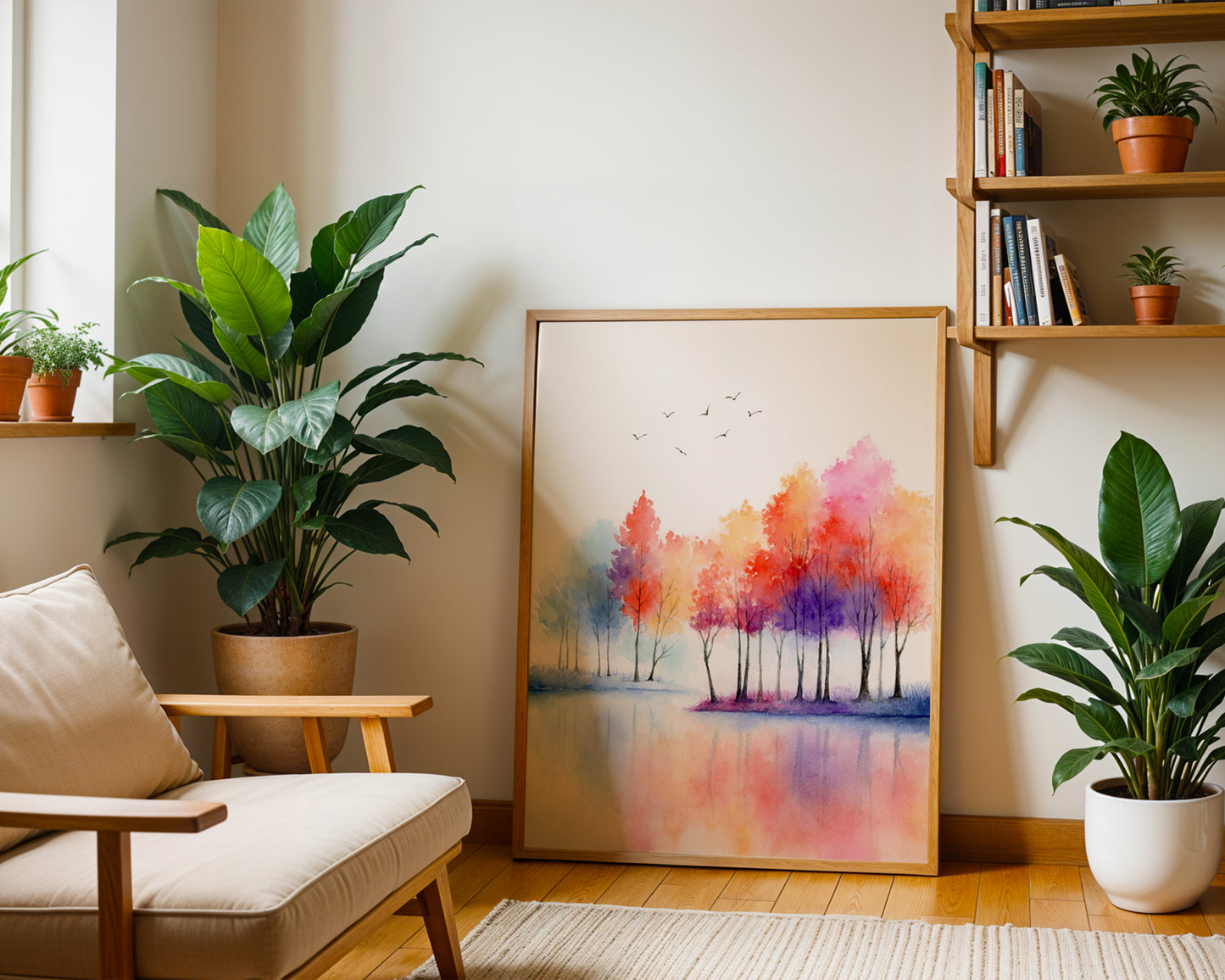 Vivid Lakeside | Autumn Tree Lake Watercolor Art Print