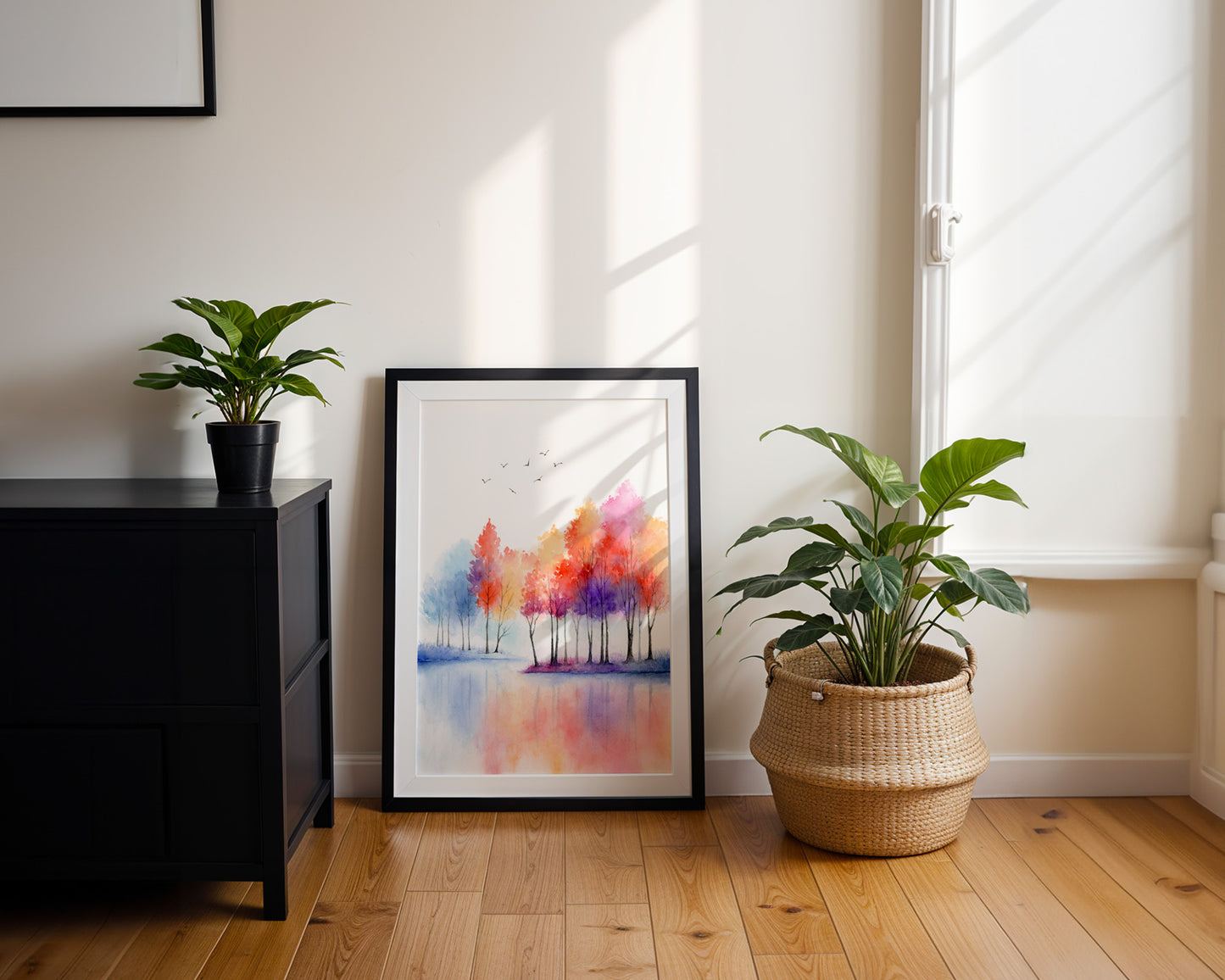 Vivid Lakeside | Autumn Tree Lake Watercolor Art Print