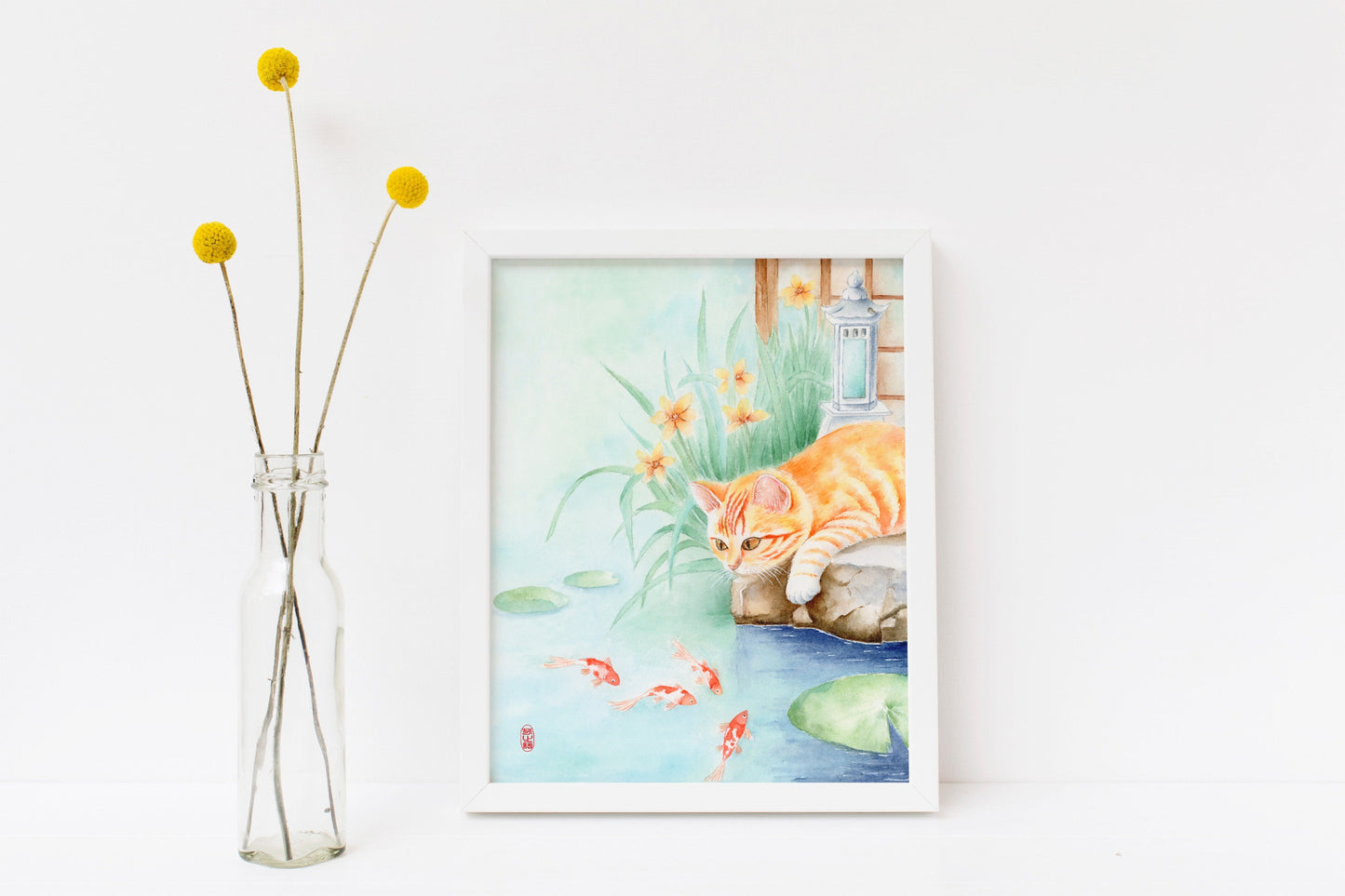 Feline Waterlust | Oriental Cat Gold Fish Watercolor Art Print