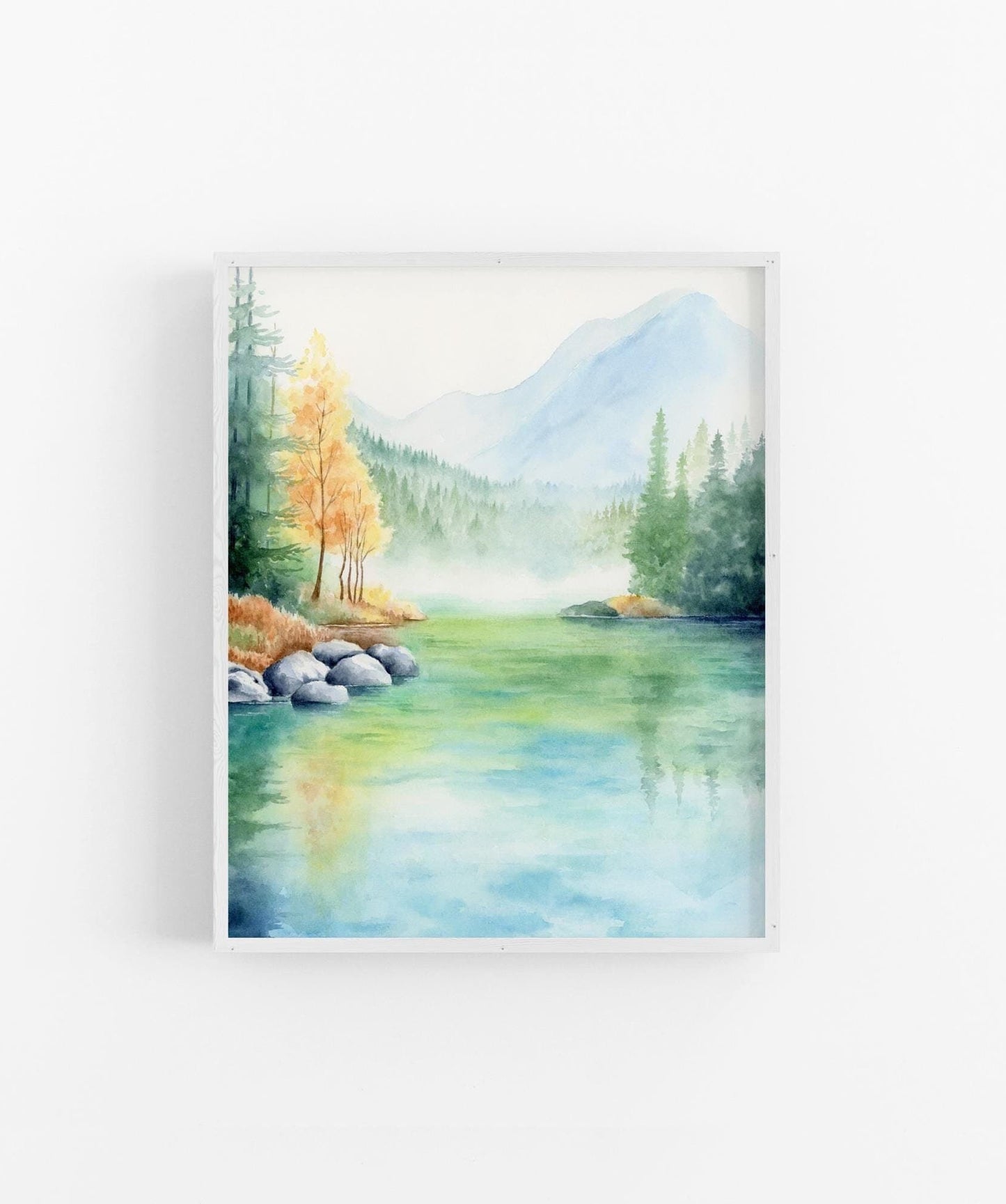 Lush Waterfront | Lake Mountain Watercolor Art Print