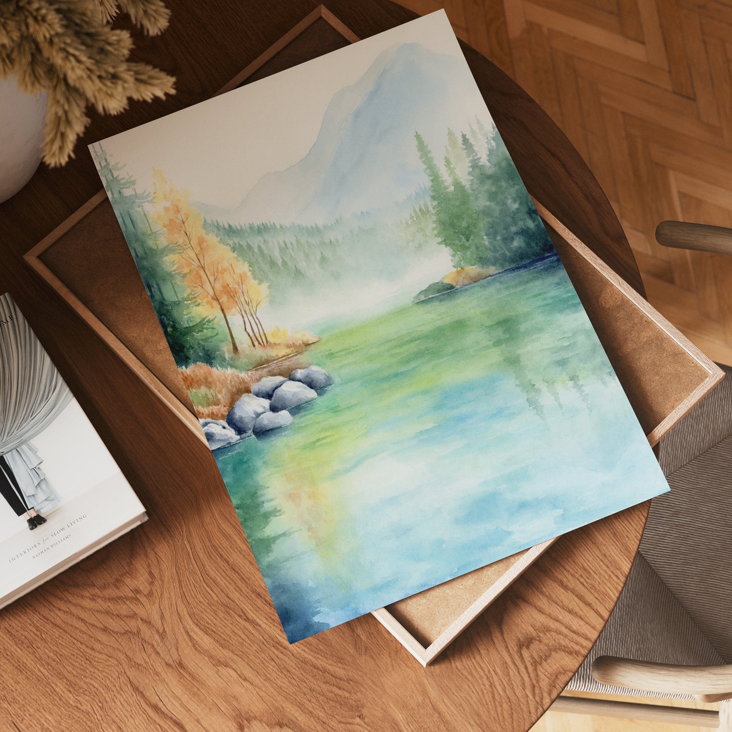 Lush Waterfront | Lake Mountain Watercolor Art Print