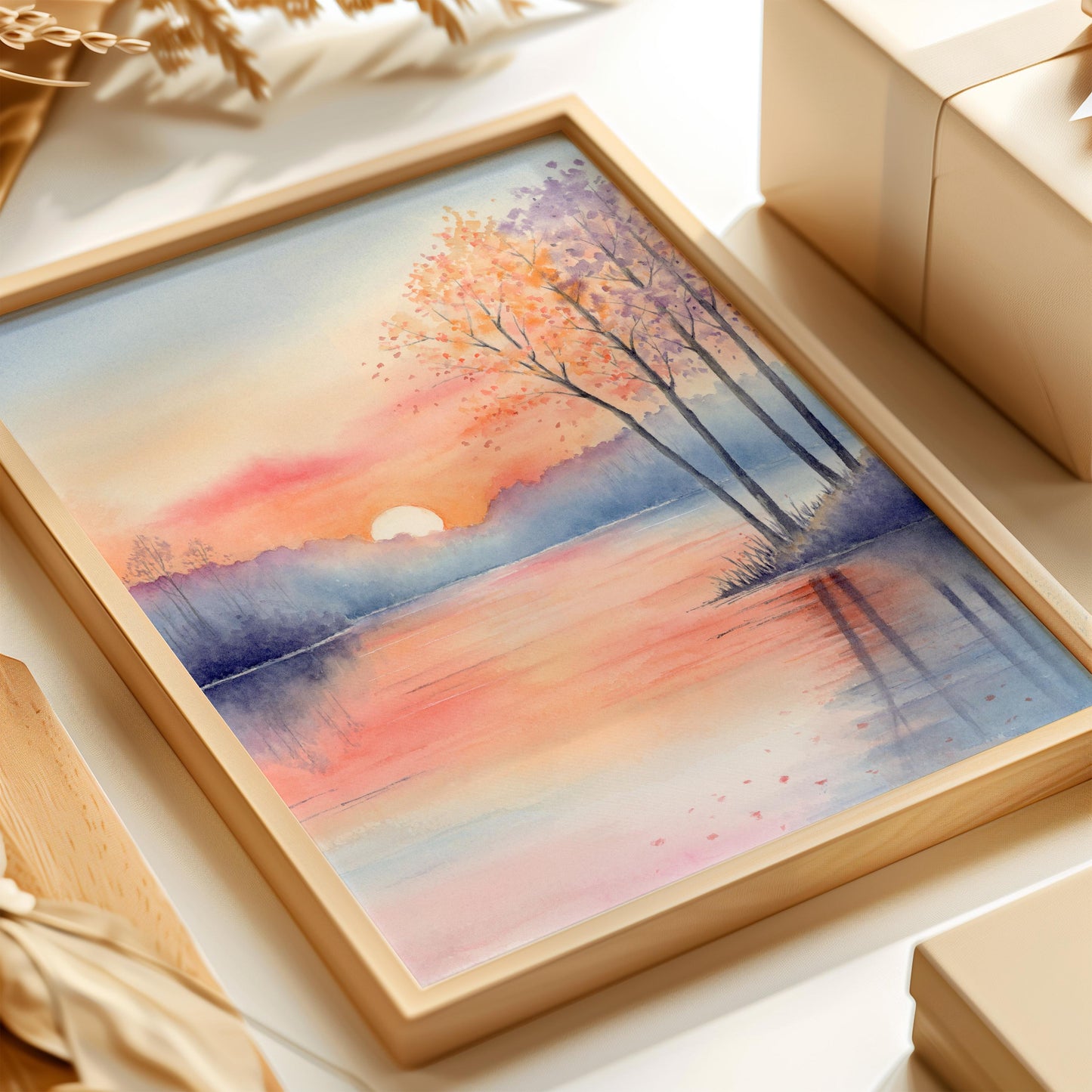 Serene Dusk | Sunset Lake Landscape Watercolor Art Print