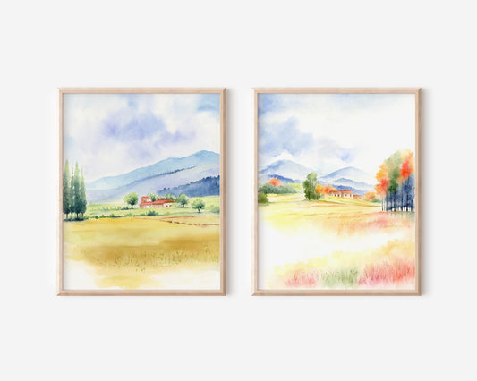Country Roads| Set of 2 Watercolor Country Landscape Art Prints