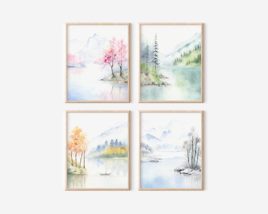 Set of 4 Lake Scene Prints | Four Seasons Landscape Watercolor Art Print