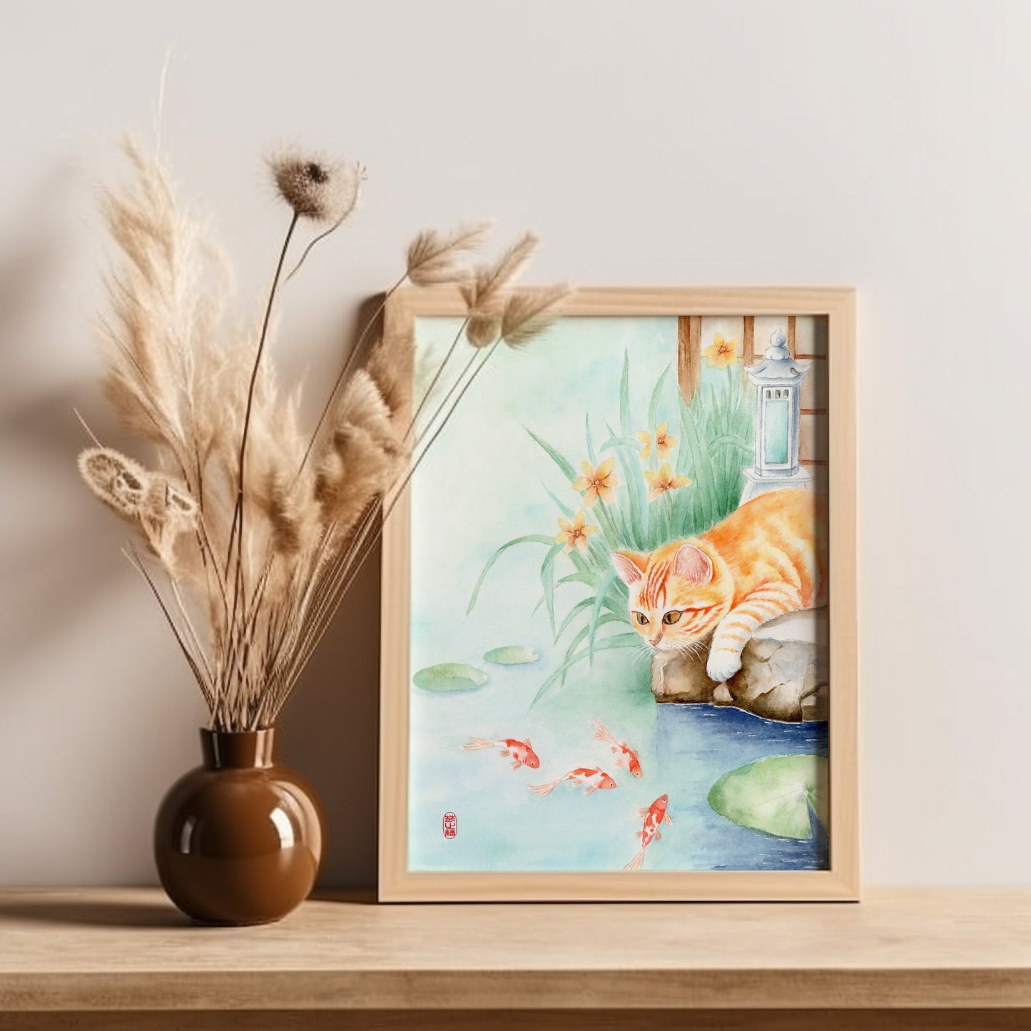 Feline Waterlust | Oriental Cat Gold Fish Watercolor Art Print