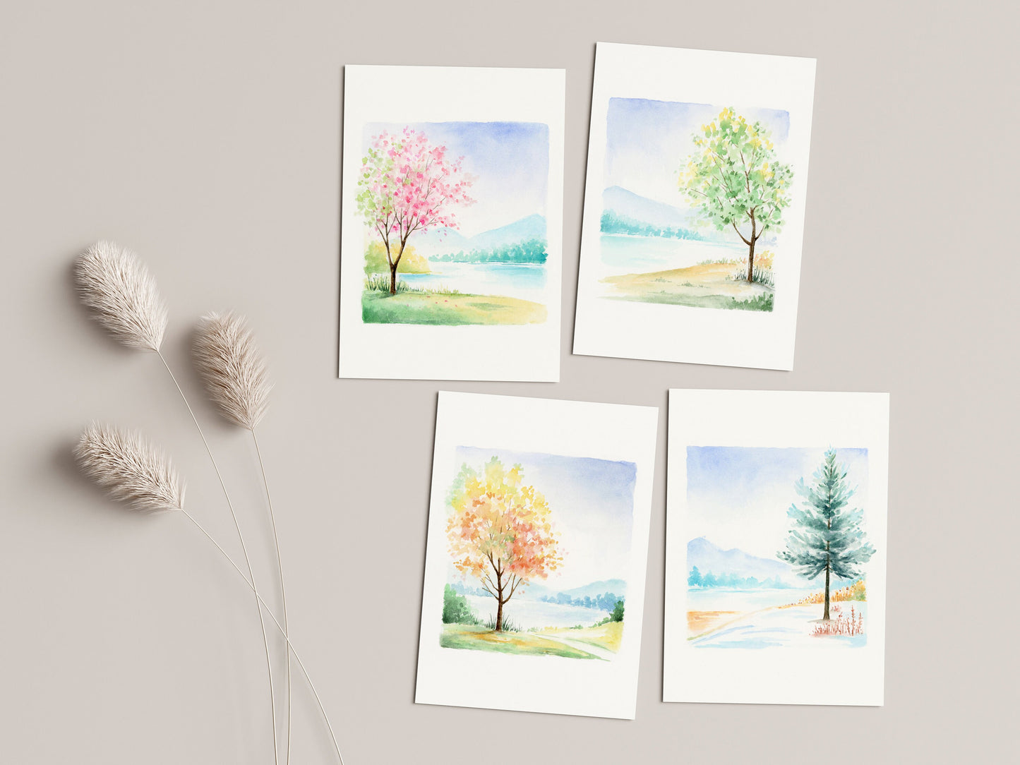 Set of 4 Tree Art Prints | Four Seasons Landscape Watercolor Art Print