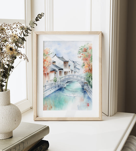 Ancient Water Town | Oriental Landscape Watercolor Art Print