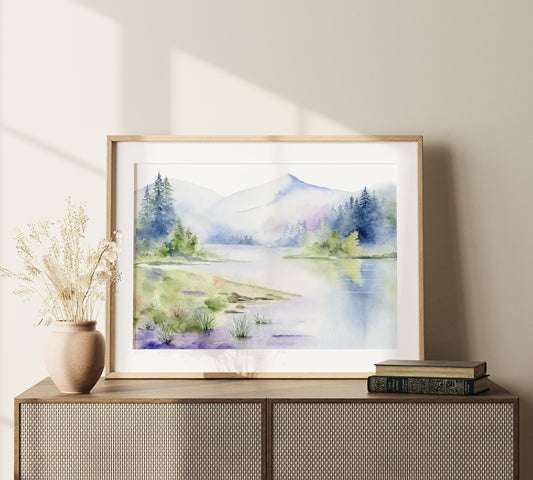 Paradise | Misty Mountain Lake Watercolor Art Print