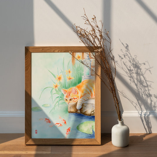 Feline Waterlust | Oriental Cat Gold Fish Watercolor Art Print