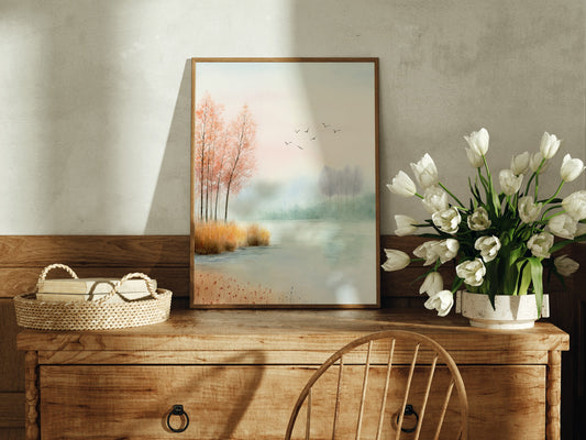 Golden Hour Fall | Autumn Lake Watercolor Art Print
