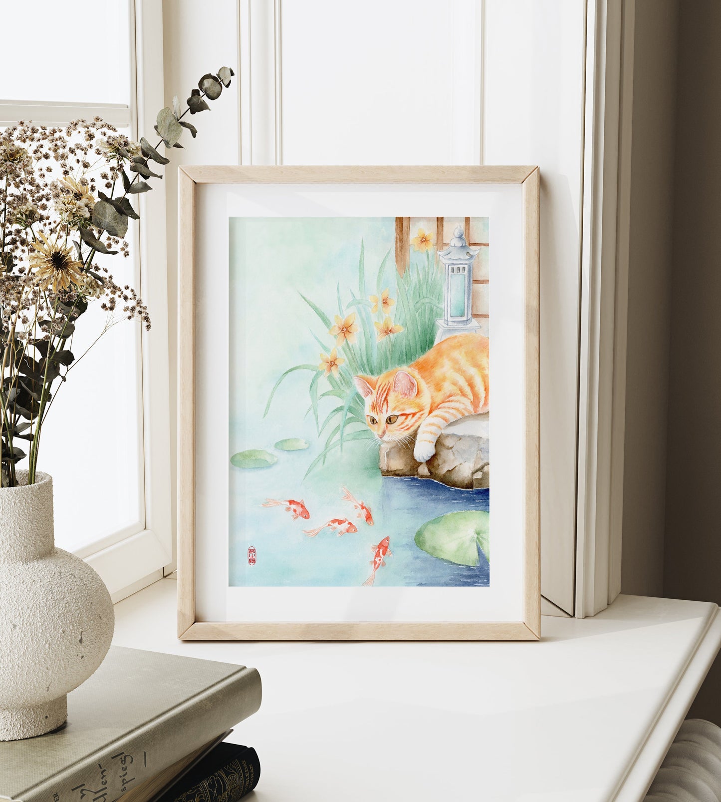 Feline Waterlust | Oriental Cat Gold Fish Watercolor Art Print