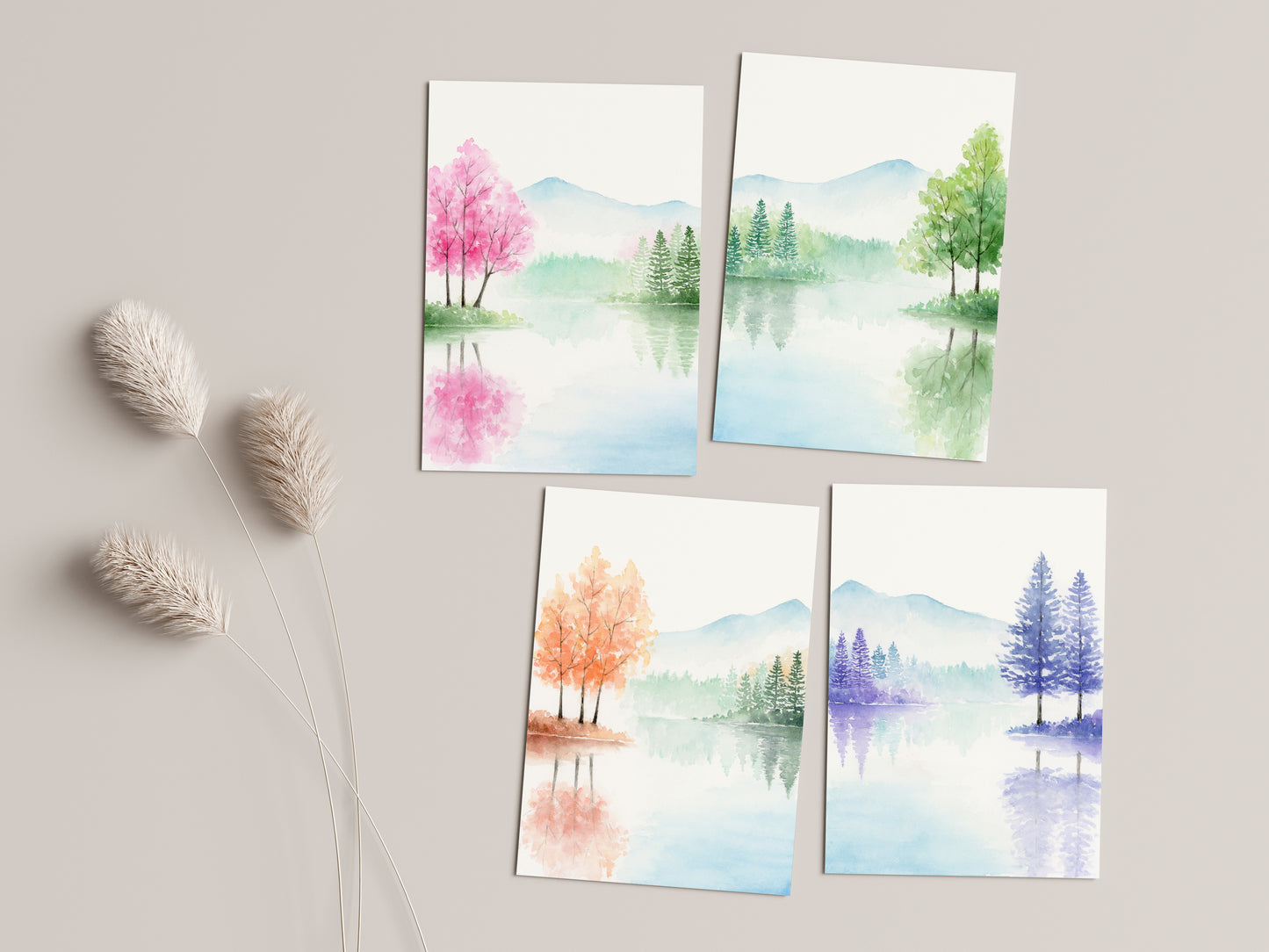 Set of 4 Four Seasons Art Print | Simple Landscape Watercolor Painting