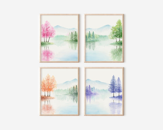 Set of 4 Four Seasons Art Print | Simple Landscape Watercolor Painting
