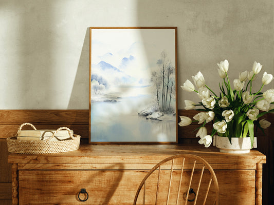 Frost’s Lullaby | Winter Mountain Lake Watercolor Art Print