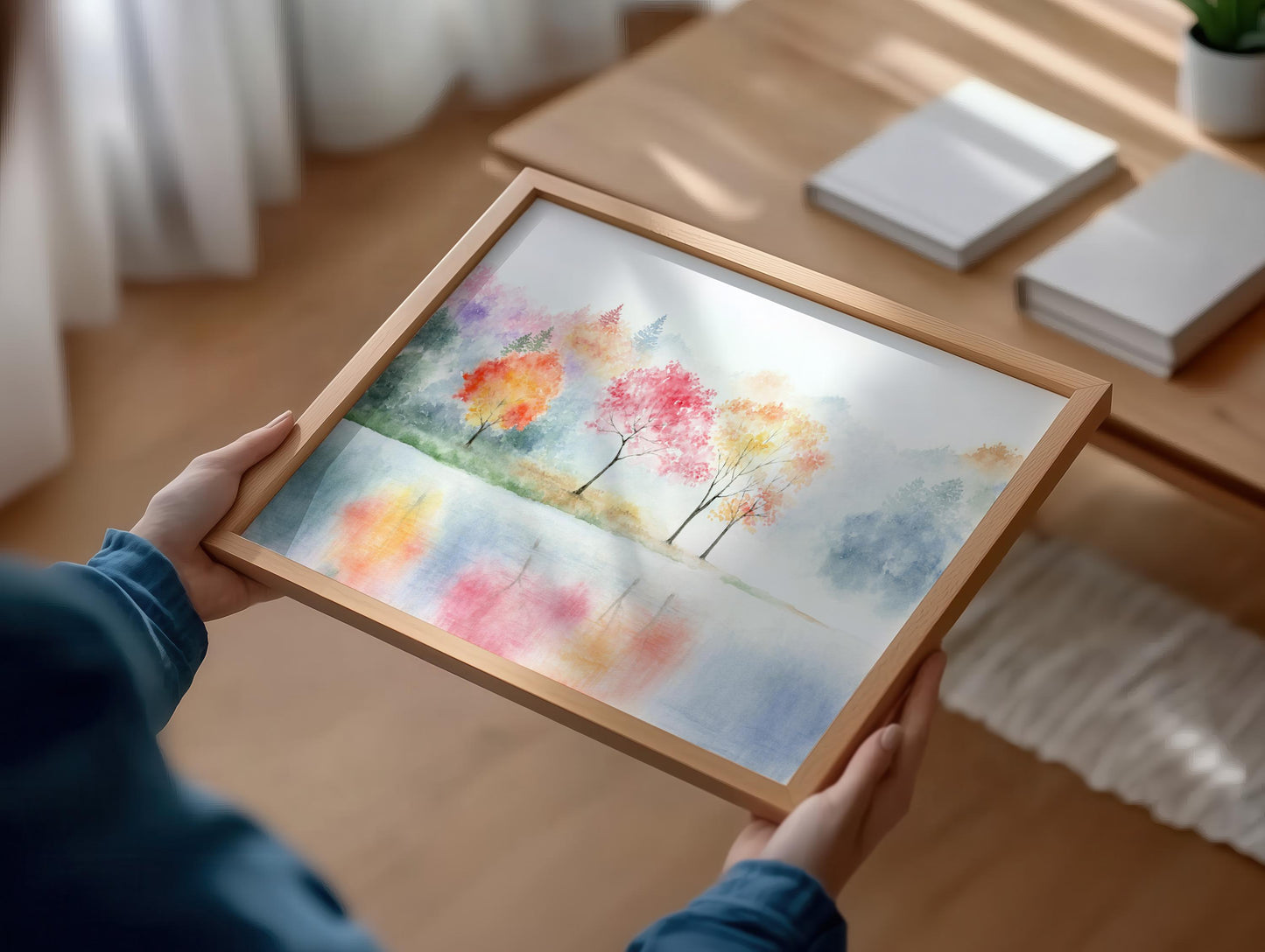 Colorful Radiance | Misty Lake Watercolor Print, Oriental Art