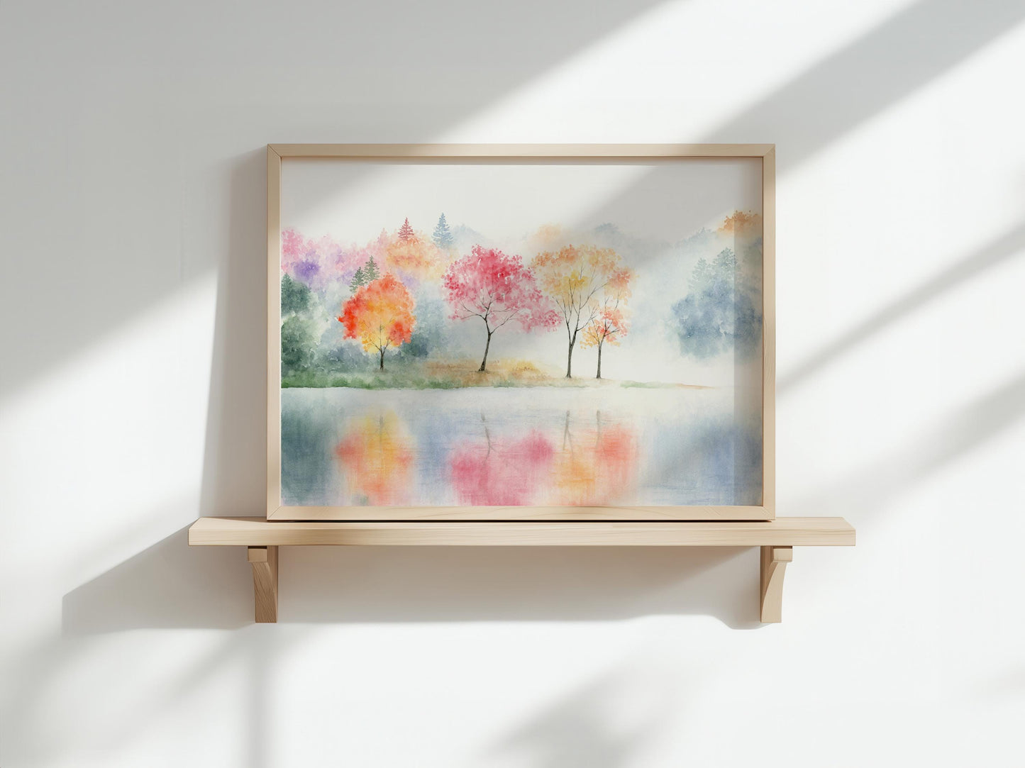 Colorful Radiance | Misty Lake Watercolor Print, Oriental Art