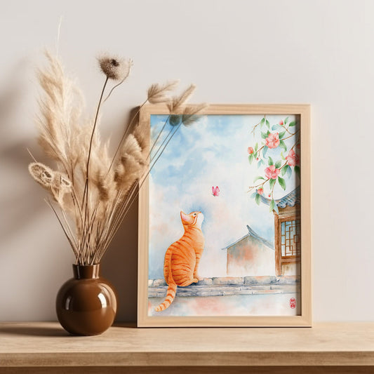Unrestrained Curiosity | Cat Butterfly Watercolor Art Print