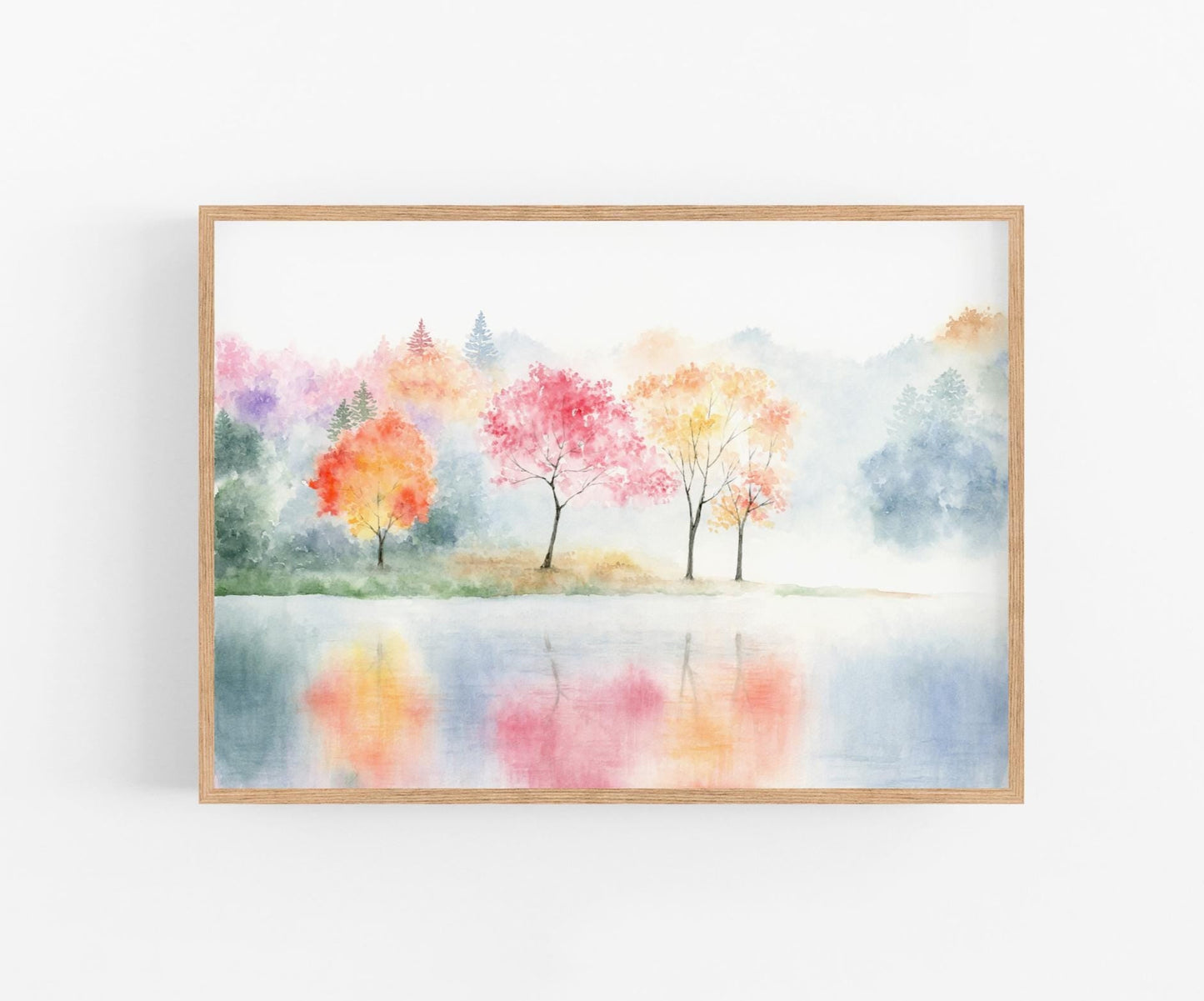 Colorful Radiance | Misty Lake Watercolor Print, Oriental Art