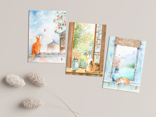 Set of 2 Cute Cat Prints | Pick from 3 Oriental Cat Watercolor Art Prints