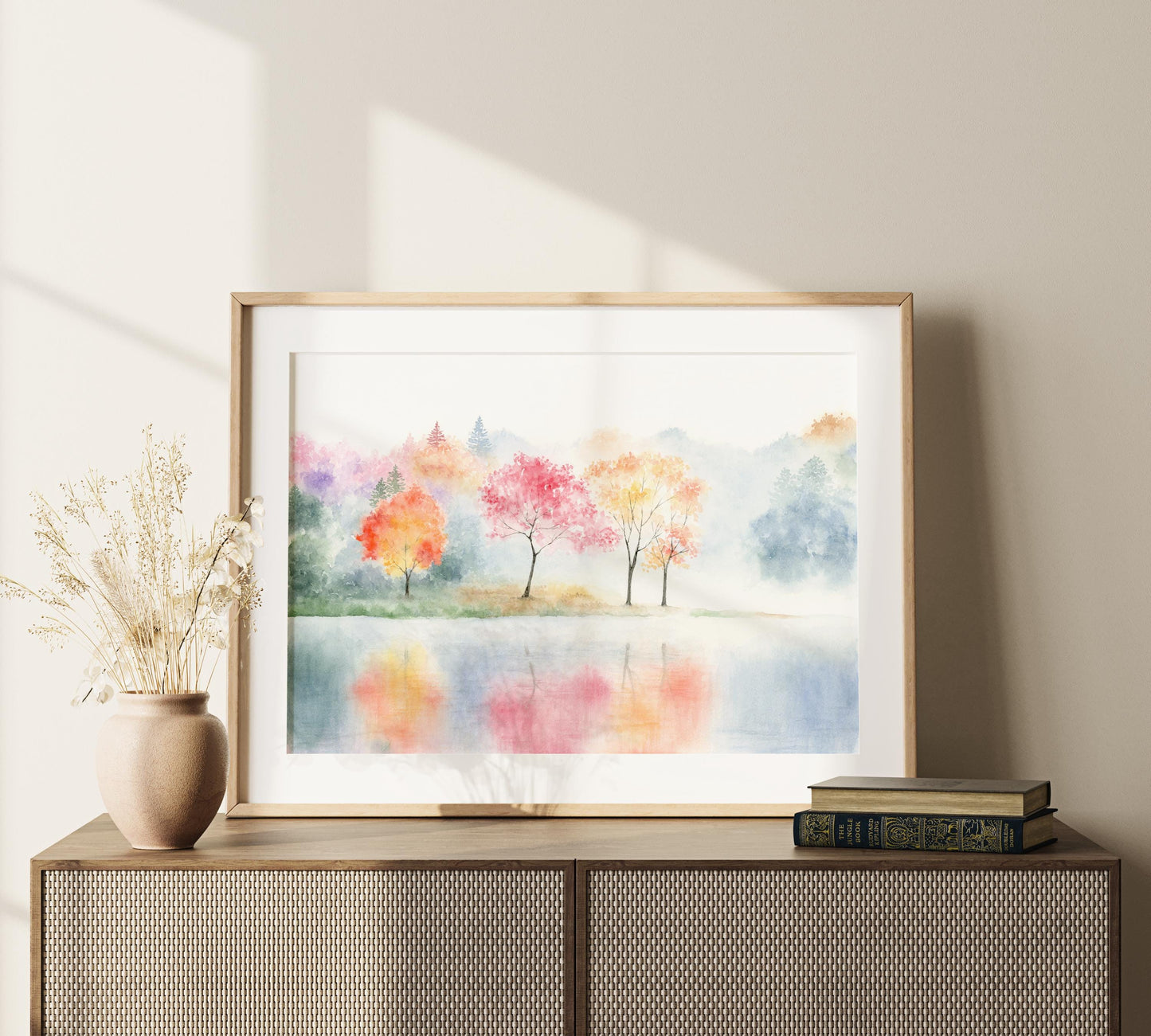Colorful Radiance | Misty Lake Watercolor Print, Oriental Art