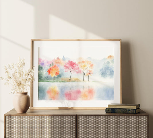 Colorful Radiance | Misty Lake Watercolor Print, Oriental Art