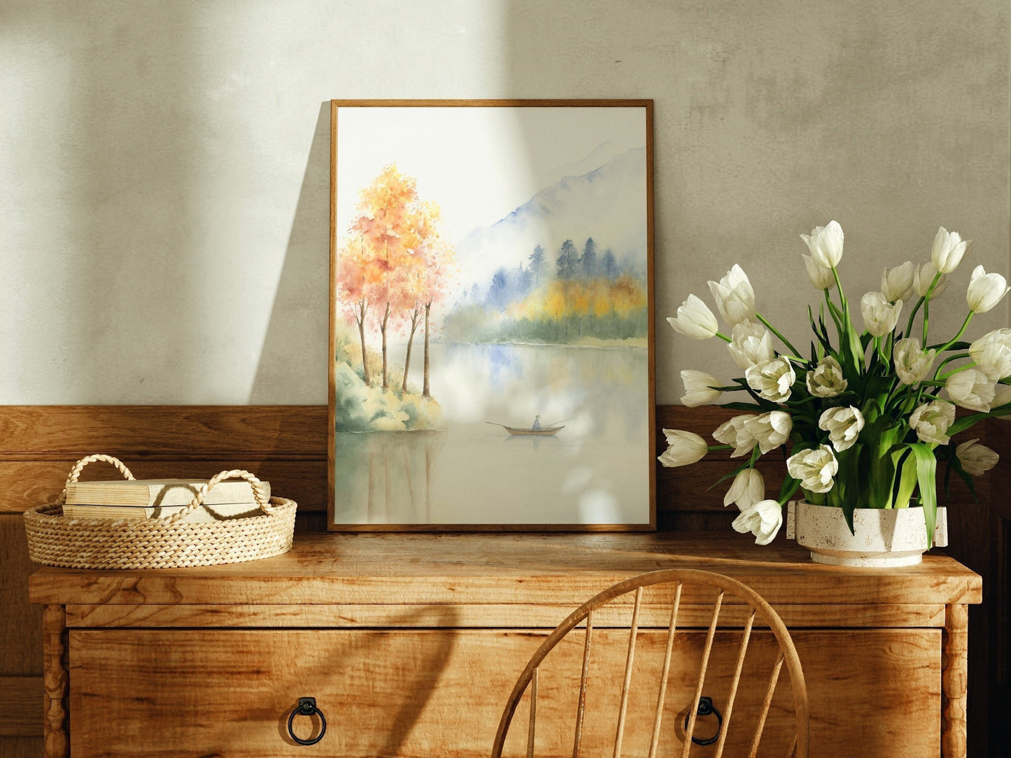 Maroon Awakening | Autumn Mountain Lake Watercolor Art Print