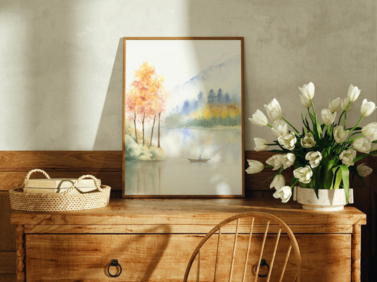 Maroon Awakening | Autumn Mountain Lake Watercolor Art Print