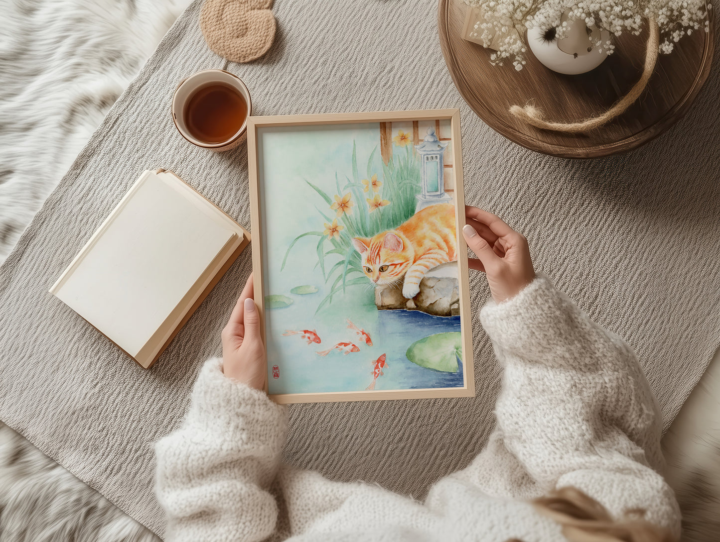 Feline Waterlust | Oriental Cat Gold Fish Watercolor Art Print