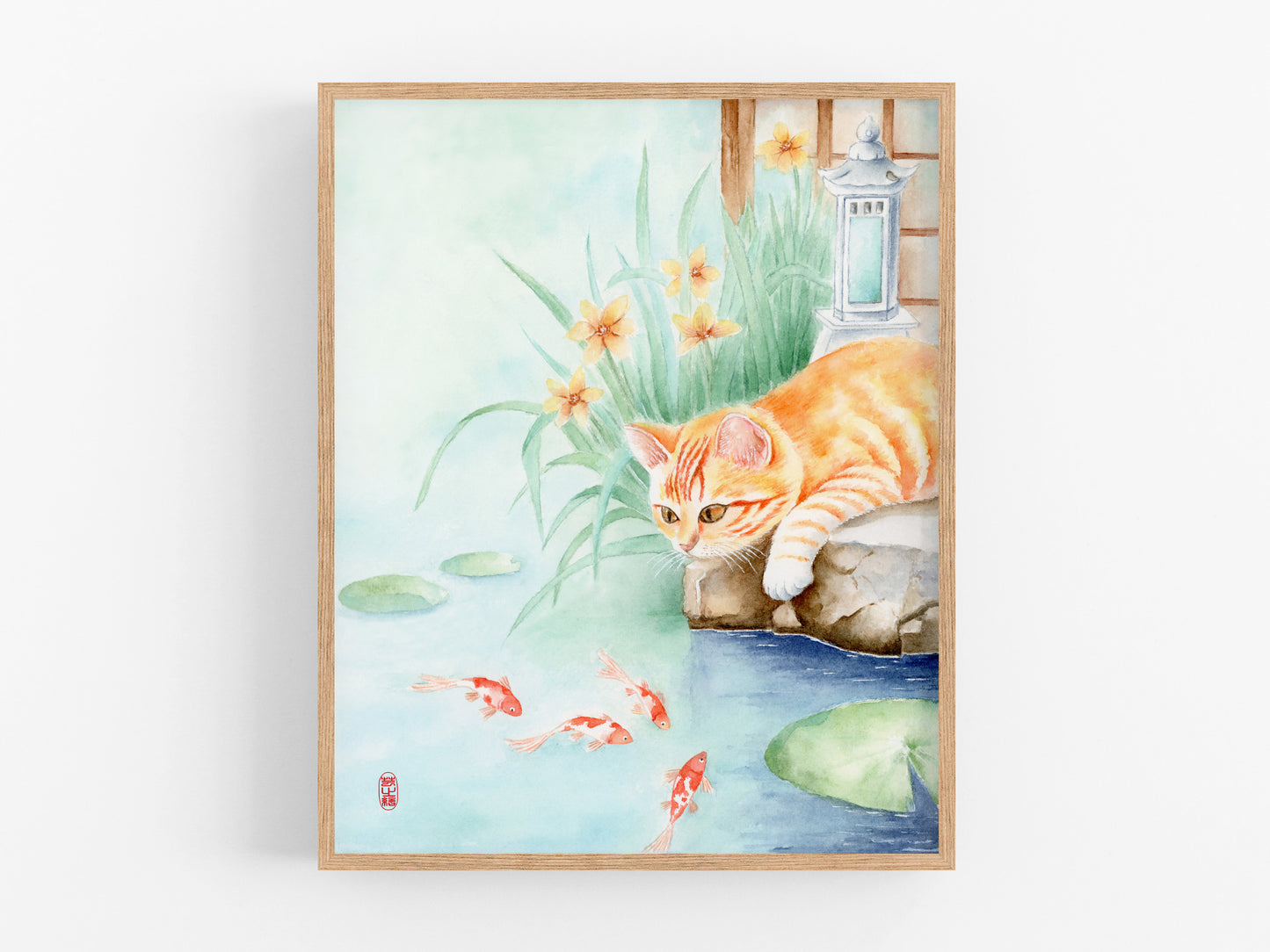 Feline Waterlust | Oriental Cat Gold Fish Watercolor Art Print