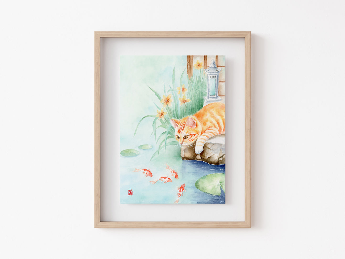Feline Waterlust | Oriental Cat Gold Fish Watercolor Art Print