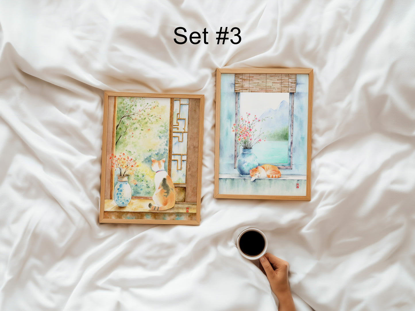Set of 2 Cute Cat Prints | Pick from 3 Oriental Cat Watercolor Art Prints