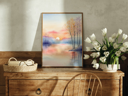 Serene Dusk | Sunset Lake Landscape Watercolor Art Print