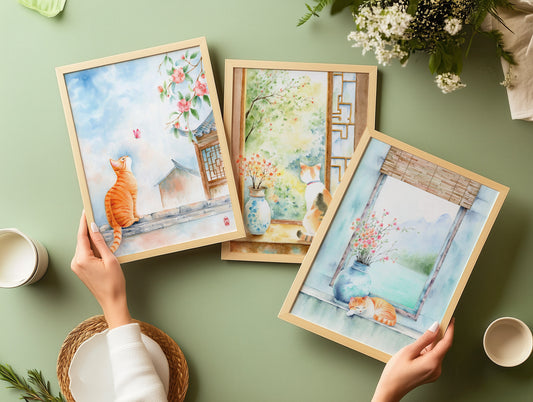 Set of 3 Cute Cat Prints | Oriental Cat Watercolor Art Print