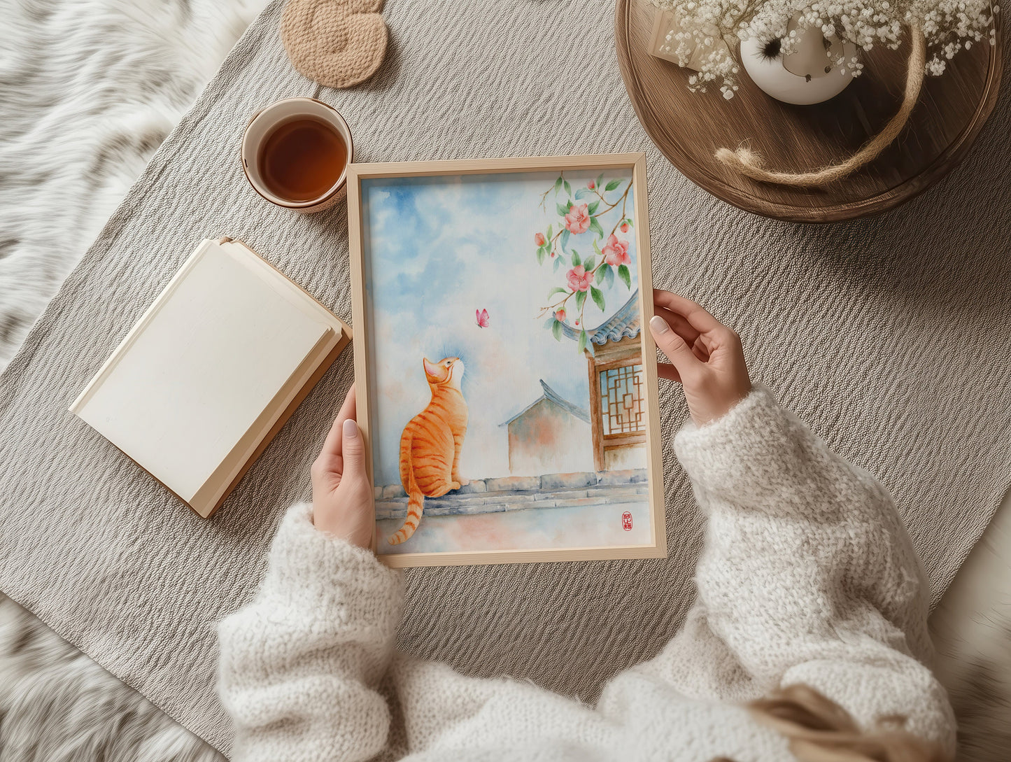 Set of 3 Cute Cat Prints | Oriental Cat Watercolor Art Print
