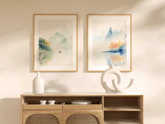 Graceful Voyage | Set of 2 Traditional Style Lake Watercolor Art Prints