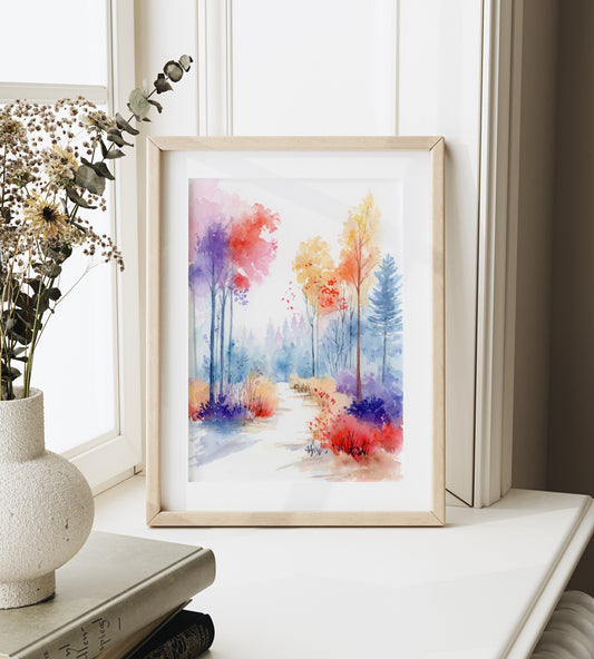 Vivid Woodland | Autumn Forest Landscape Watercolor Art Print