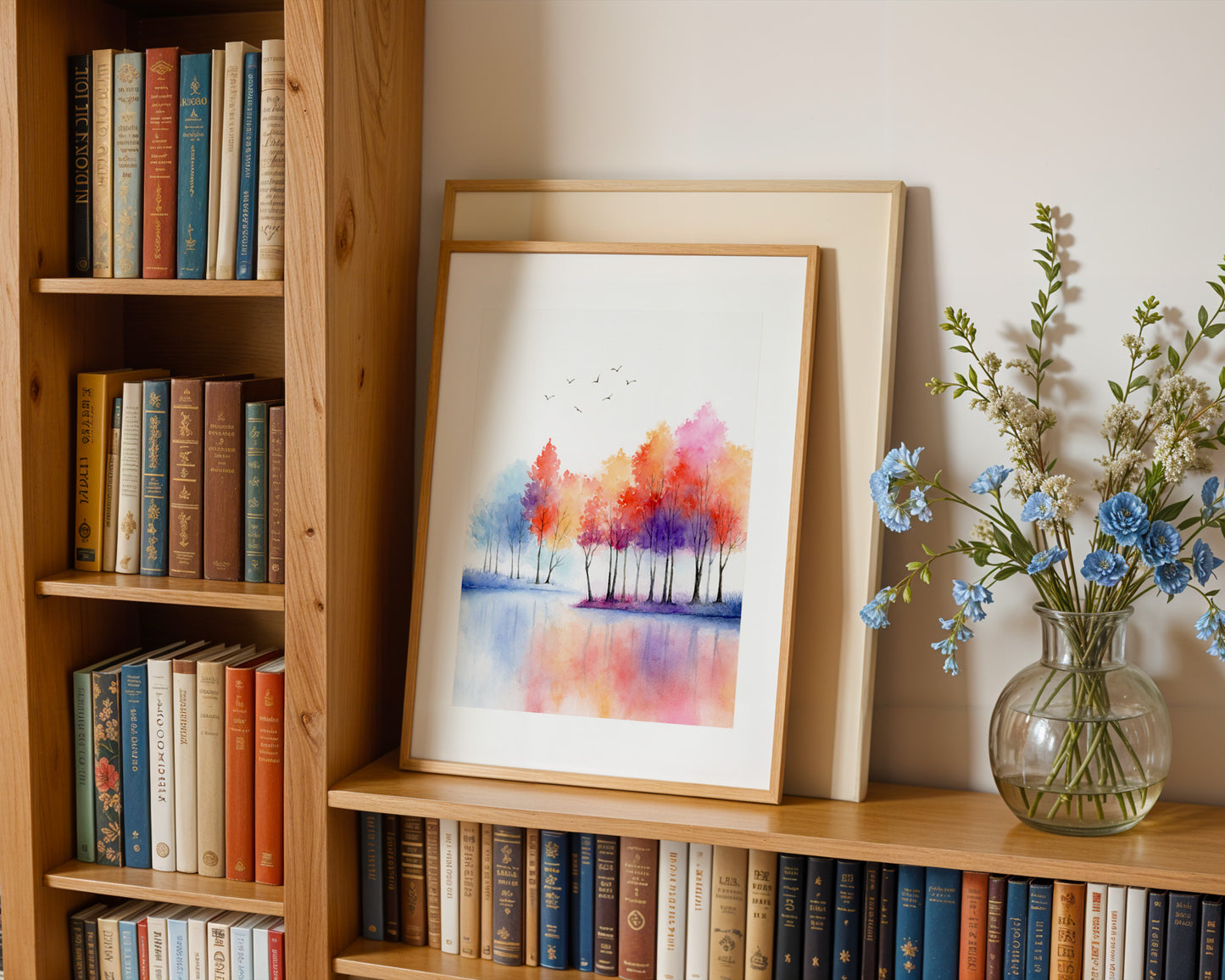 Vivid Lakeside | Autumn Tree Lake Watercolor Art Print