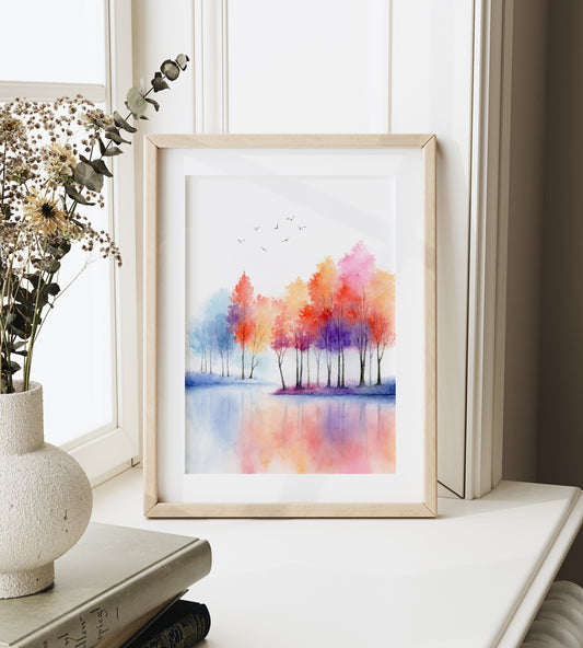 Vivid Lakeside | Autumn Tree Lake Watercolor Art Print
